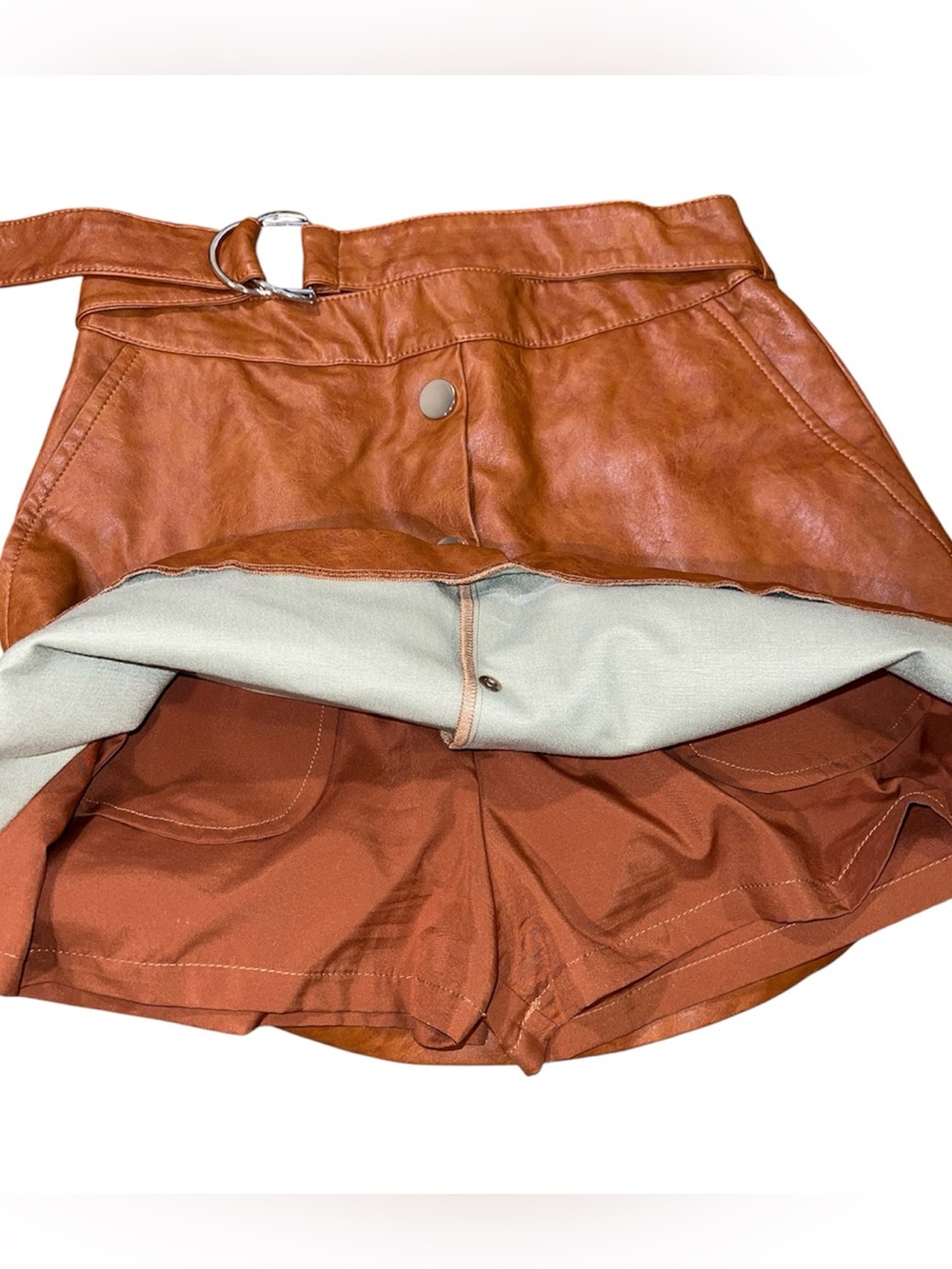 Zara Rust Brown Faux Leather Button-Front Mini Skirt with Belt size M. - Picture 3 of 10